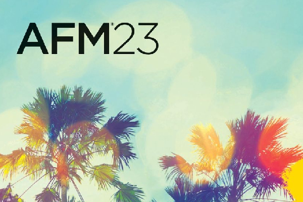 AFM23 logo with tops of palm trees in colorful light